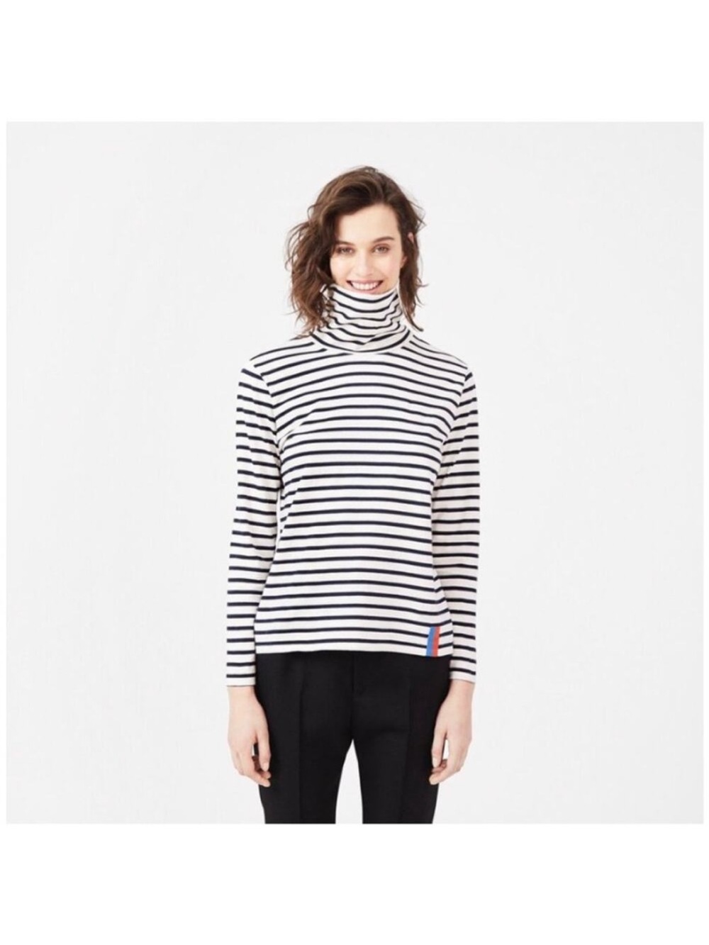 KULE The Turtleneck 100% Cotton White & Black Striped Long Sleeve Tee
